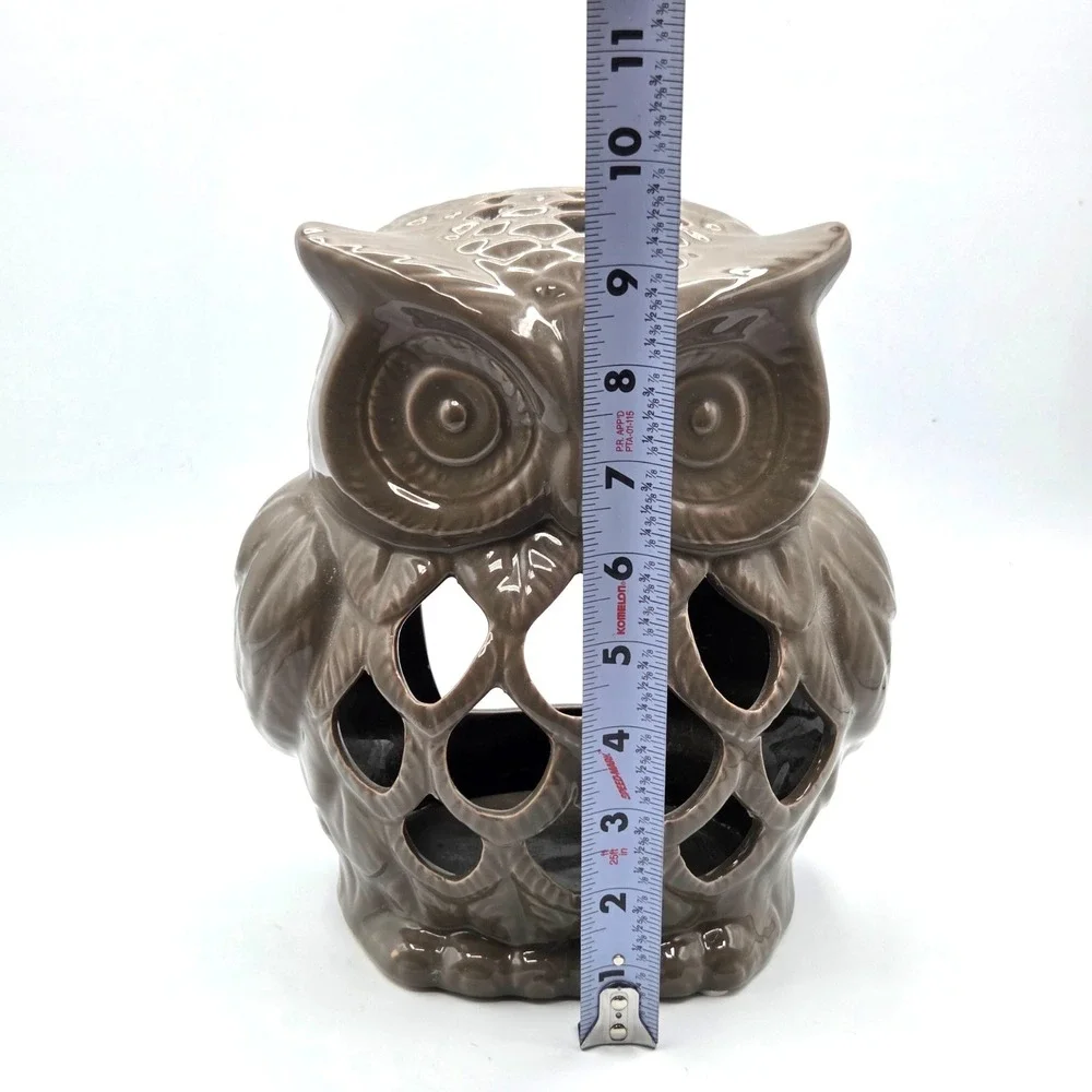 Owl Luminary Candle Holder Lantern Light Brown Gray  Ceramic 9.5